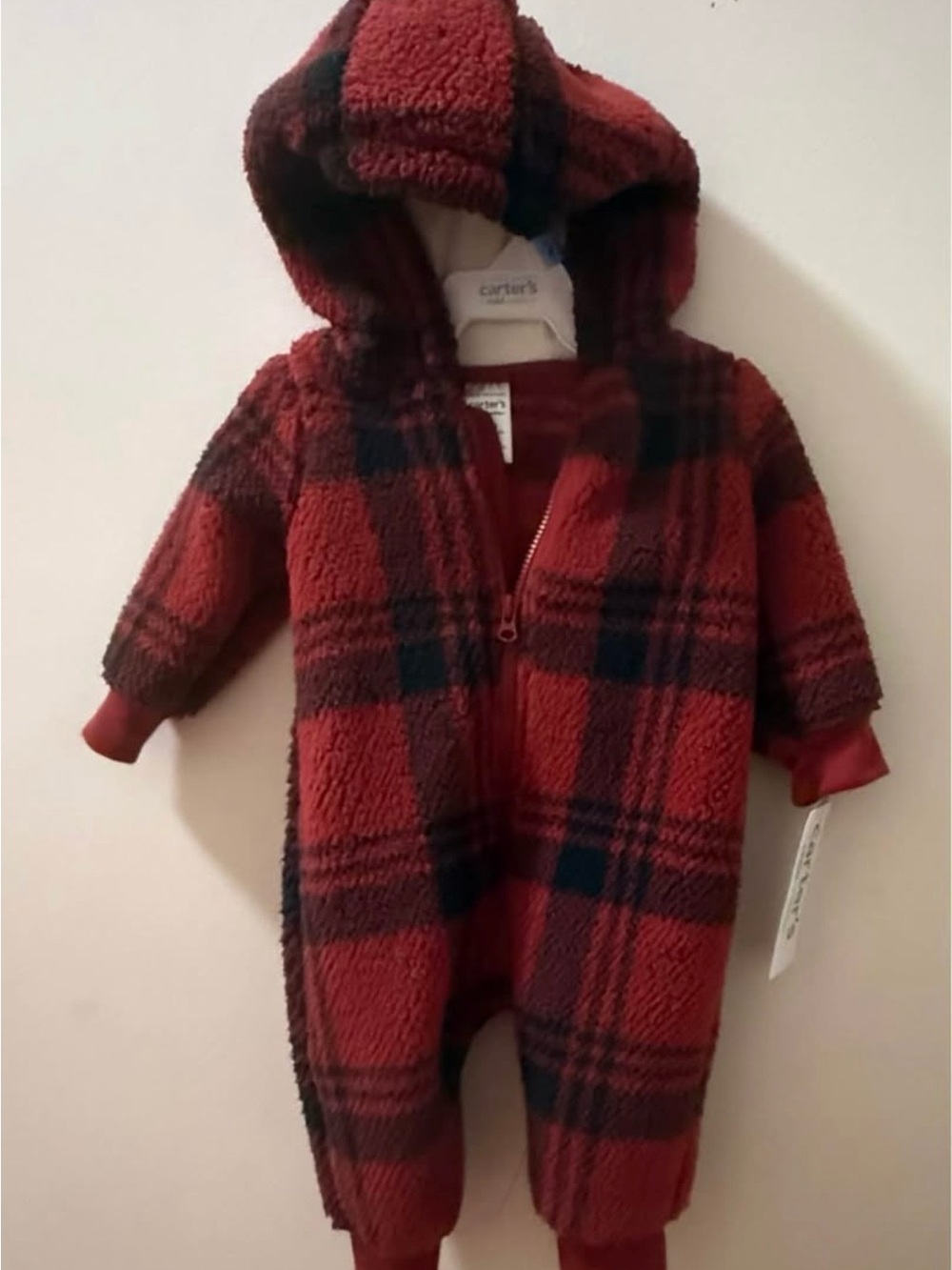 Carter's Red and Black Plaid Sherpa Hooded One-Piece